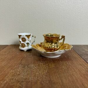 Vintage Porcelain Gold 2 Tea cup & saucer Set MINI‎ Children's or demitasse